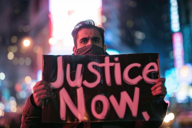 Photo a man holds a sign reading justice now in front of a brightly lit cityscape the sign is a bold statement for social change