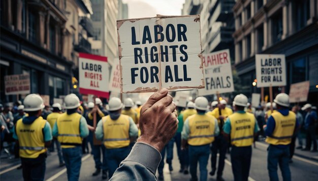 Photo a man holds a sign that says workers for all rights for all rights