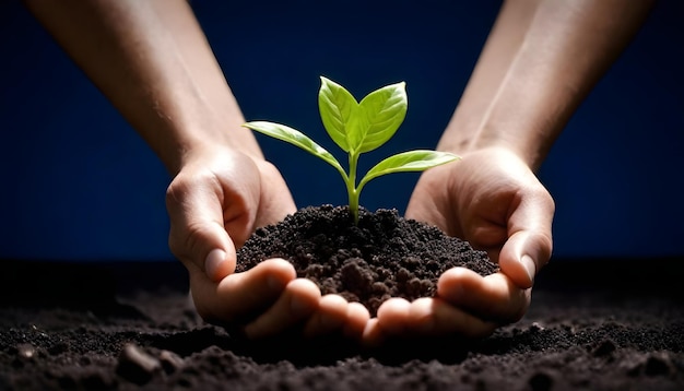 a man holds a small plant in his hands