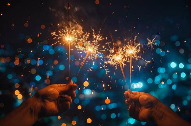 a man holds sparklers in front of a background of fireworks