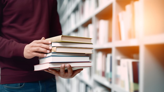 A man holds a stack of books in front of a bookshelf.