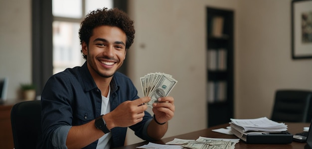 a man holds a stack of money in front of him