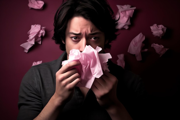 A man holds a tissue in front of a red background with the word tissue on it.