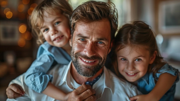 a man holds two children in his arms