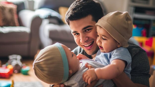 a man holds two children and the words quot father quot on the right