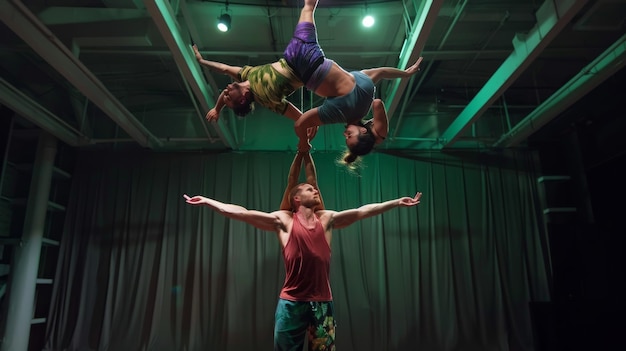 Photo a man holds two women in a balancing act during a performance