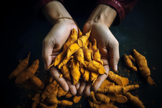 a man holds up a bunch of orange seeds.