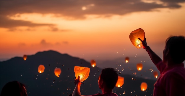 A man holds up a lantern to release the sky at sunset.