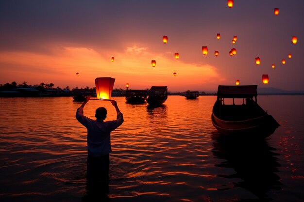 A man holds up a lantern in the water at sunset.