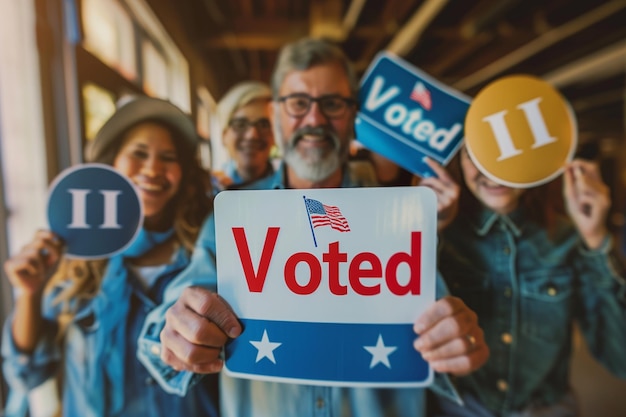 Photo a man holds up a sign that says vote in the middle