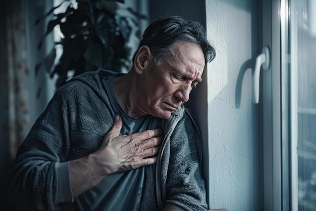 A man at home leaning on a wall for support while experiencing severe chest pain cardiac emergency