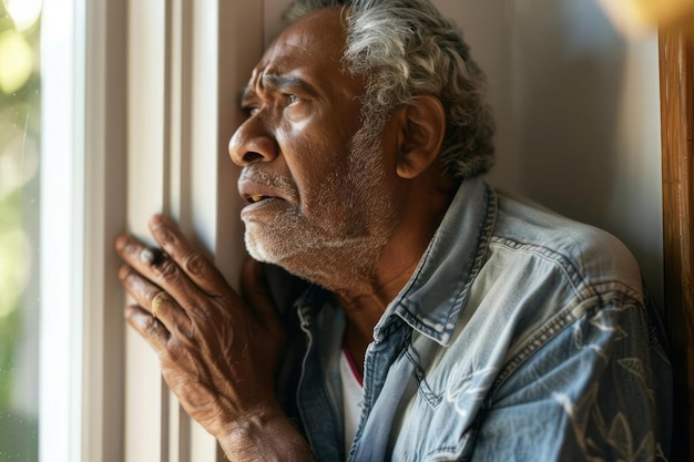 A man at home leaning on a wall for support while experiencing severe chest pain indicative of a cardiac emergency