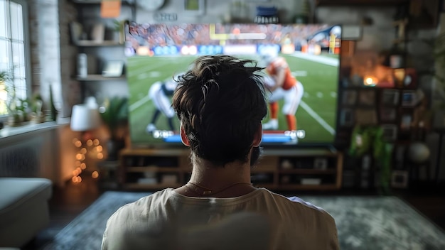 Man at home watching football game on TV big sports fan Concept Man cave setup Home entertainment Sports fanatic TV sports viewing Casual living room vibes