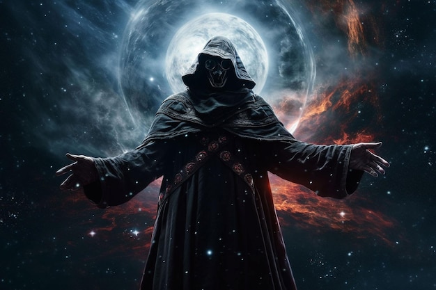 A man in a hood stands in front of a moonlit night