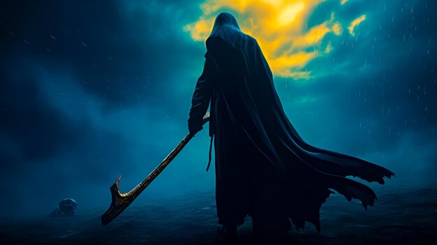 Man in hooded cloak holding large stick in dark cloudy sky Generative AI