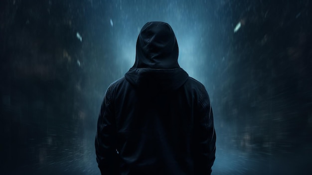 Photo a man in a hooded jacket standing in a dark tunnel