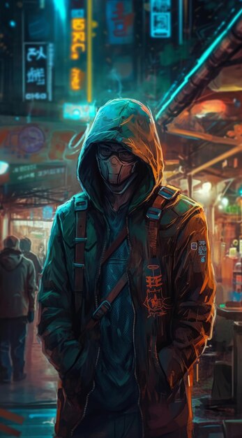 A man in a hoodie and a hoodie stands in front of a neon city.