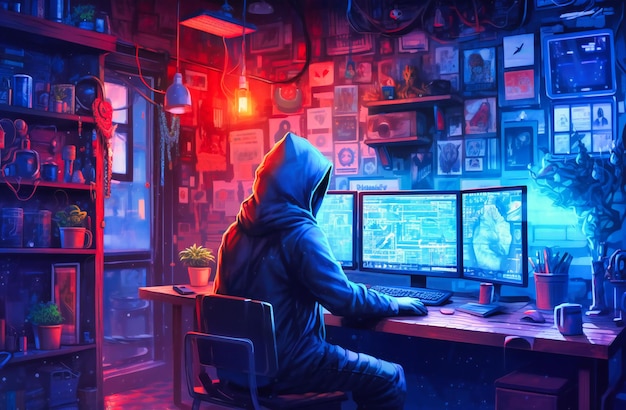 Man in hoodie is facing his computer screen