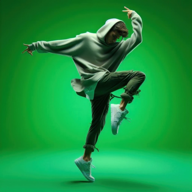 a man in a hoodie is jumping in the air with a green background