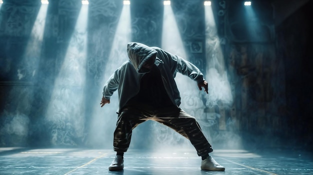 a man in a hoodie is performing on stage with the lights behind him