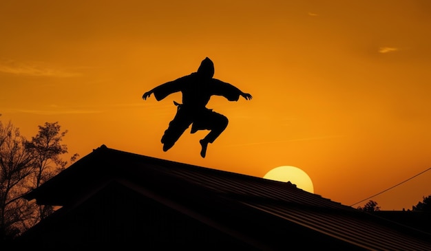 A man in a hoodie jumps in the air with a sun behind him