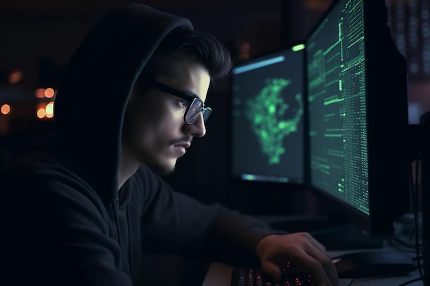 A man in a hoodie sits at a computer with a green screen that says cybercrime.