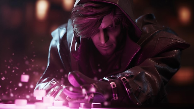 A man in a hoodie sits on a table with a purple light in the background