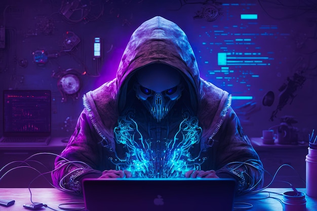 Man in hoodie sitting at laptop computer Generative AI