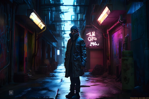 A man in a hoodie stands in a dark alley with neon signs that say'cyberpunk '