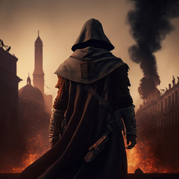 A man in a hoodie stands in front of a burning city Ancient Rome