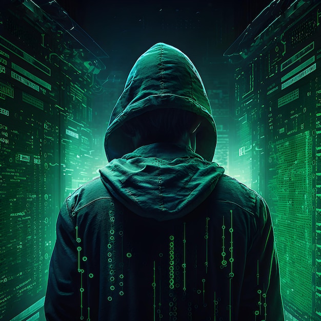 A man in a hoodie stands in front of a computer screen with green numbers on it.