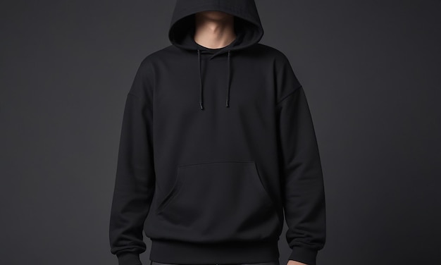 Photo a man in a hoodie stands in front of a dark background