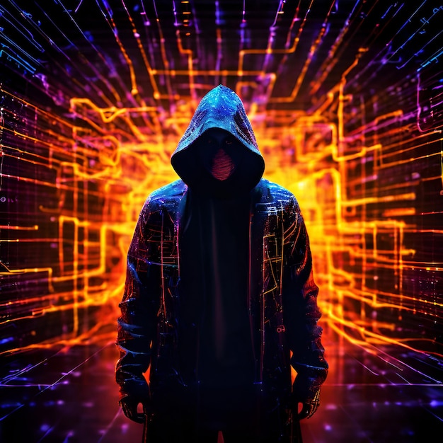 a man in a hoodie stands in front of a large background of a man in a dark room with a neon sign beh