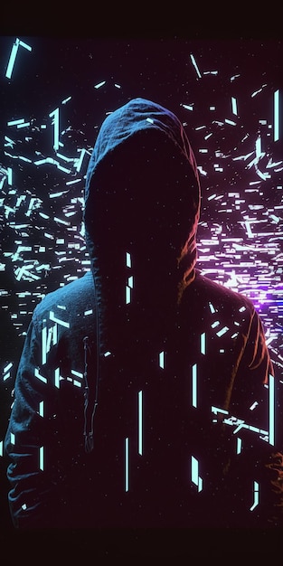 A man in a hoodie stands in front of a neon sign that says'cyberpunk '