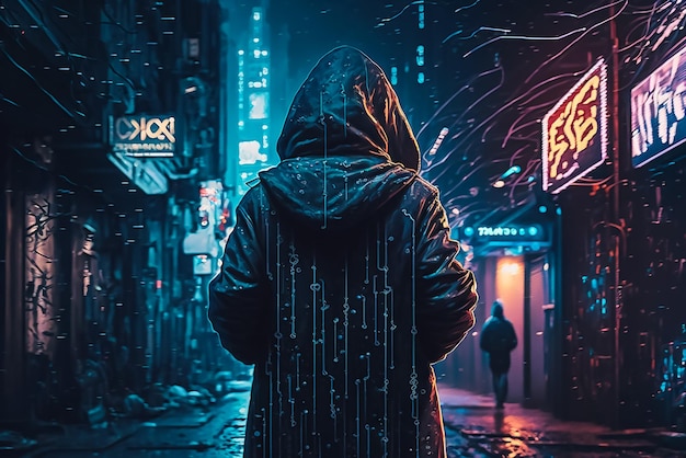 A man in a hoodie stands in the street in front of a neon sign that says'cyberpunk '