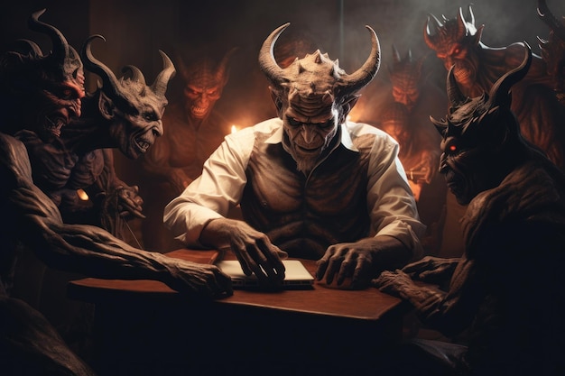 Man in Horned Mask Sitting at Table