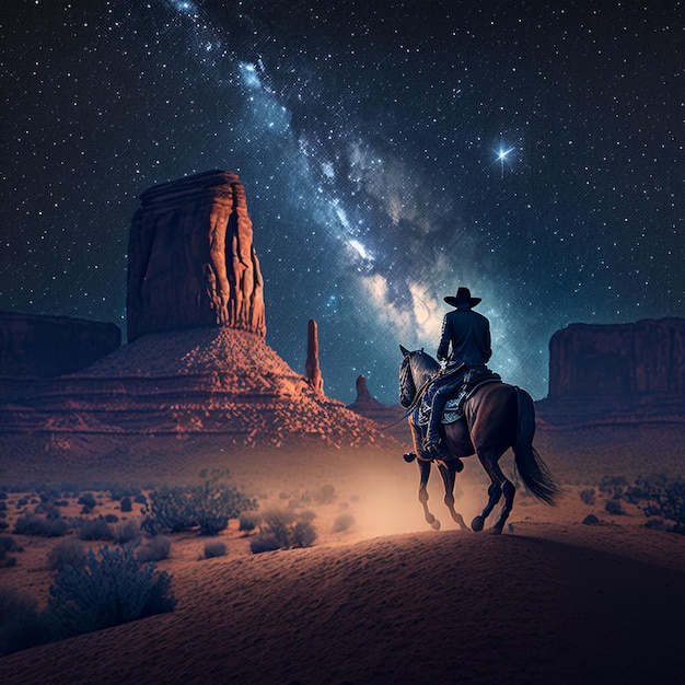 A man on a horse in a desert with the milky way in the background.