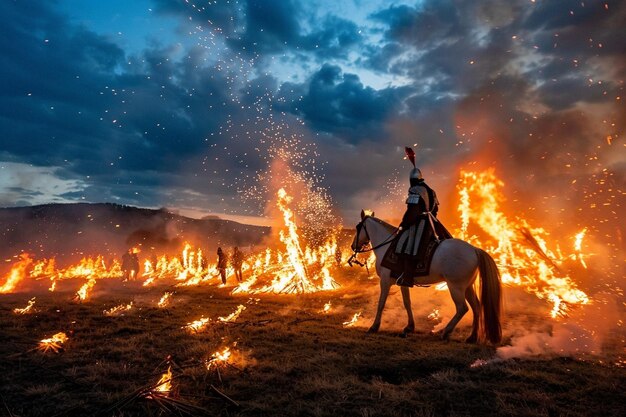 Photo a man on a horse is in a field with fire in the background