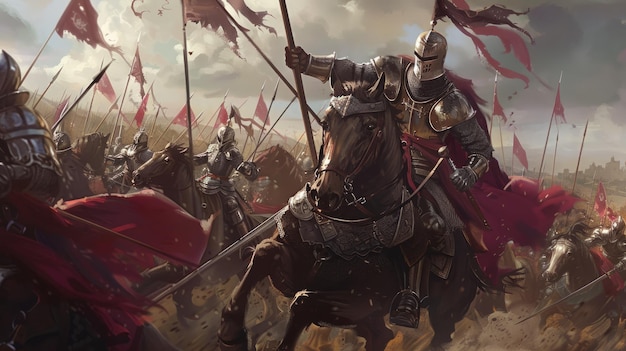 A man on a horse is leading a group of knights in a battle