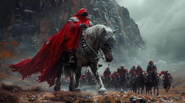 a man on a horse with a red cape on