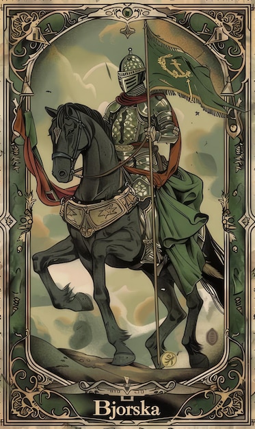 a man on a horse with a sword and a green and gold dragon on his head