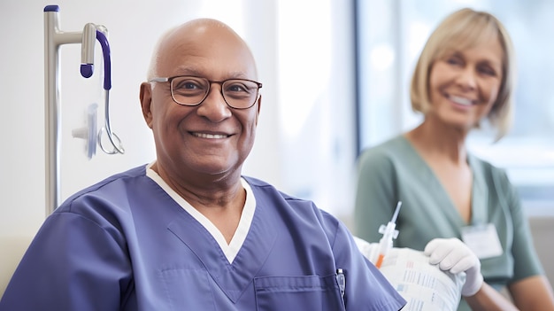 A man in a hospital bed with a nurse in the background