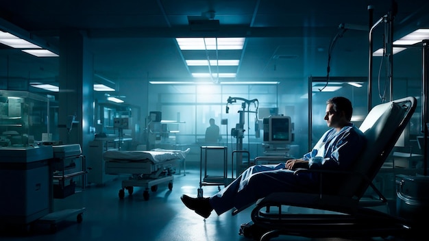 a man in a hospital room with a blue light on the ceiling