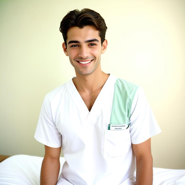 a man in a hospital uniform smiles for the camera