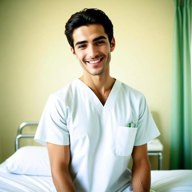 a man in a hospital uniform smiles in front of a yellow wall