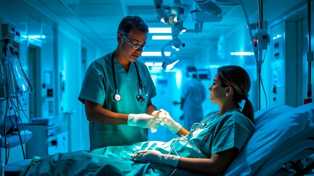 a man in a hospital with a nurse in the background and a nurse in the background