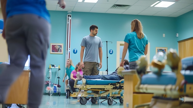 a man in a hospital with a nurse in the background and a woman in a green shirt is standing next to a man in a hospital room with a hospital bed