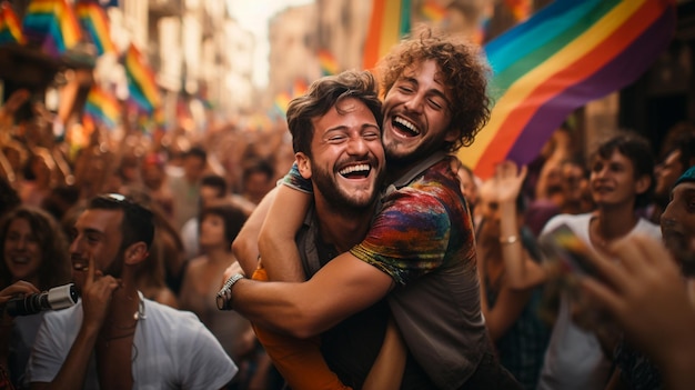 a man hugging another man in a crowd of people