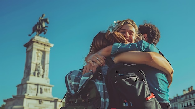 Photo a man hugs a woman on a motorcycle with the word  on it