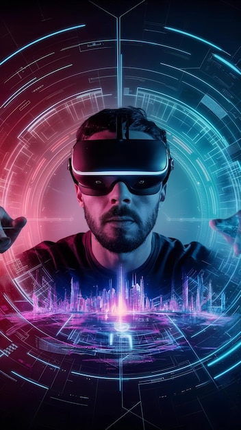 Man Immersed in Advanced VR Navigating Neon Cyber City and Interacting with Holographic Interfaces